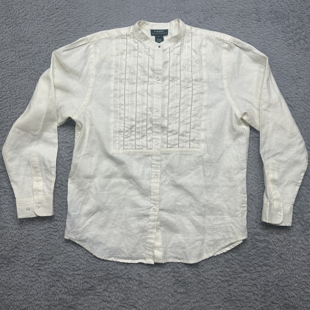 Lauren Ralph Lauren Shirt Womens L Ivory 100% Linen Pintuck Pleated Bib